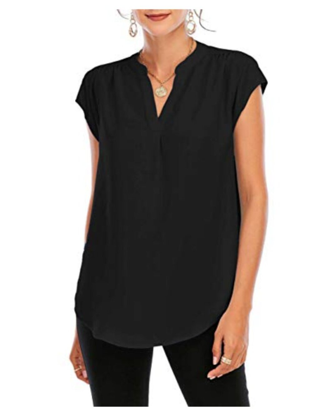 Women's Chiffon Cap Sleeve Blouse Split V Neck Frill Trim Curved Hem Office Top